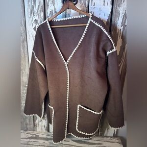 Chunky Oversized Cardigan Brown with Cream Trim Size XL NWT